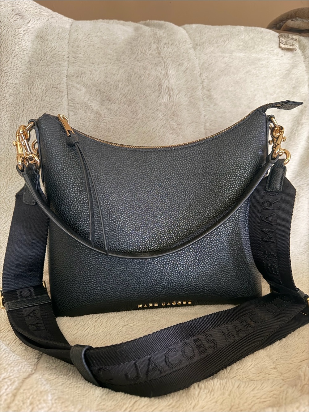 Marc Jacobs Black Pebbled Leather Crescent Shoulder Bag with Branded Strap